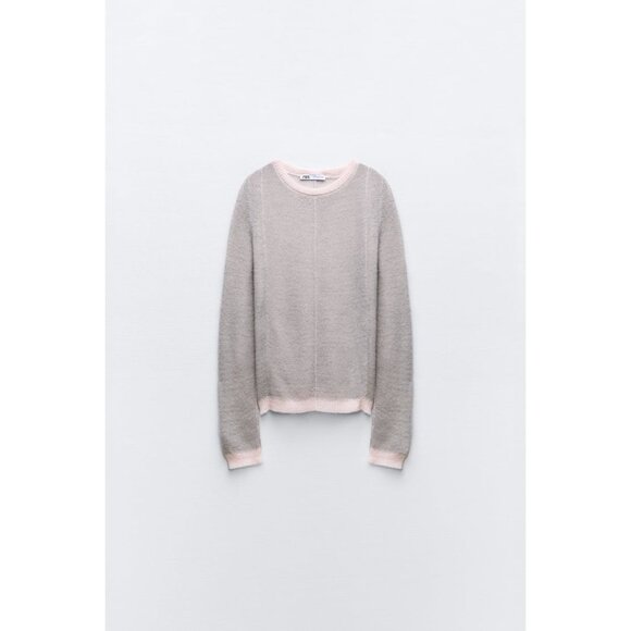 Zara Pearl Grey & Pink Alpaca Wool Blend Crewneck Sweater - Picture 2 of 5